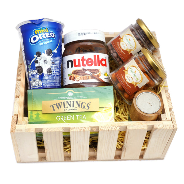 Natural Wood Striped Basket of 5 goodies with Long Wooden T-lite