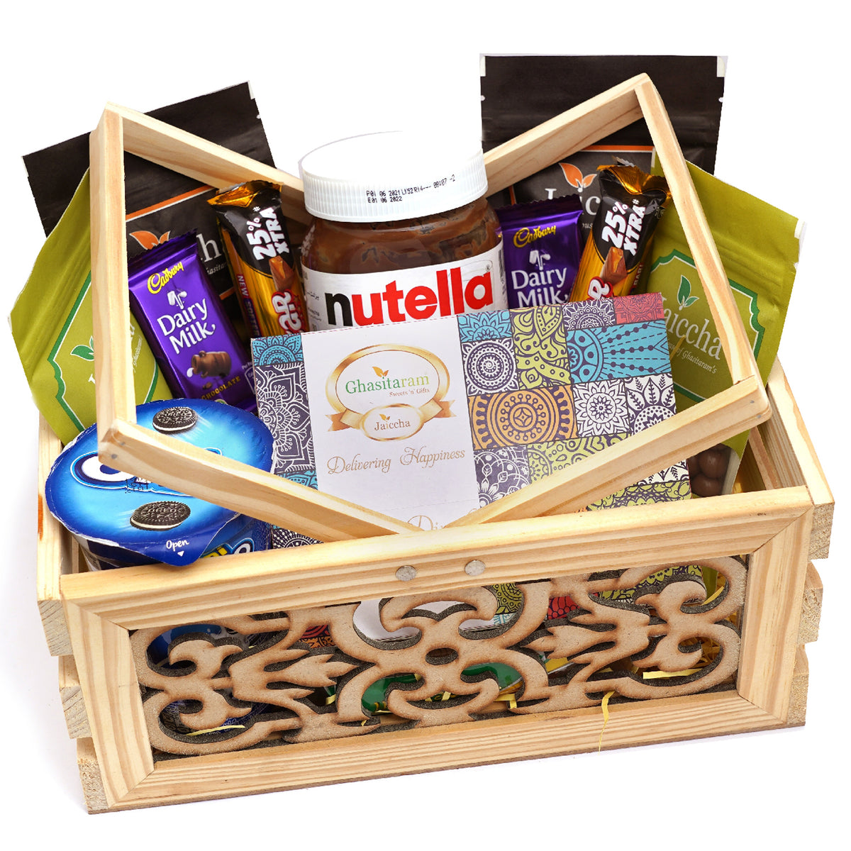 Wooden Laser Handle Basket of 11 Goodies with Assorted Bites