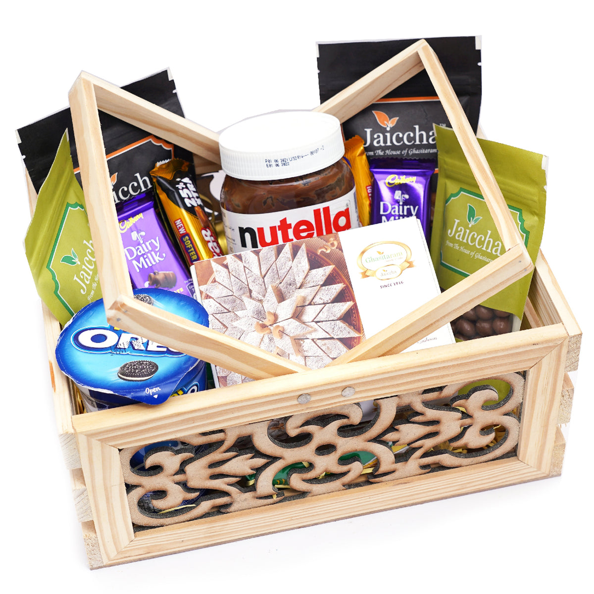 Wooden Laser Handle Basket of 11 Goodies with Kaju Katlis