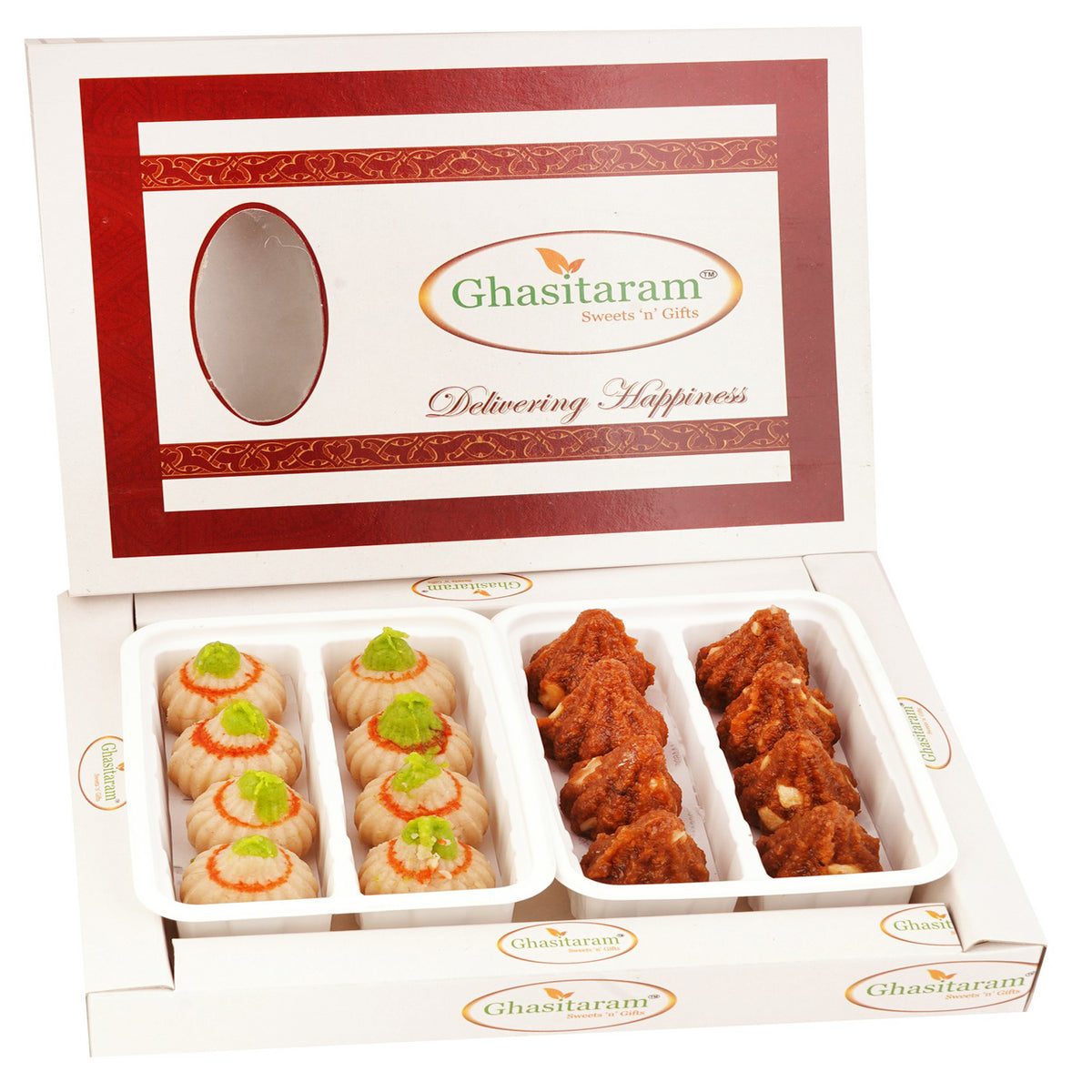 White Box of Dodha Barfi and Kaju Modaks