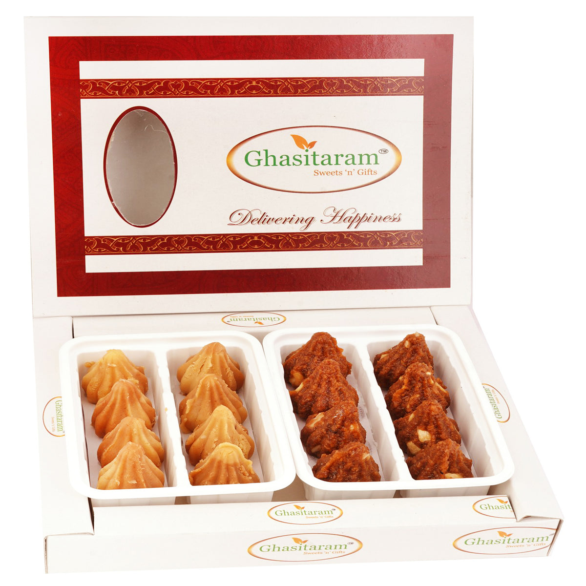 White Box of Dodha Barfi and Mysore Pak Modaks