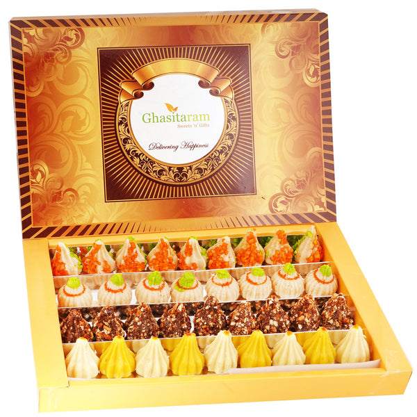 Box of Mawa, Kaju, Chocolate and Kesar Pista Modaks 800 gms