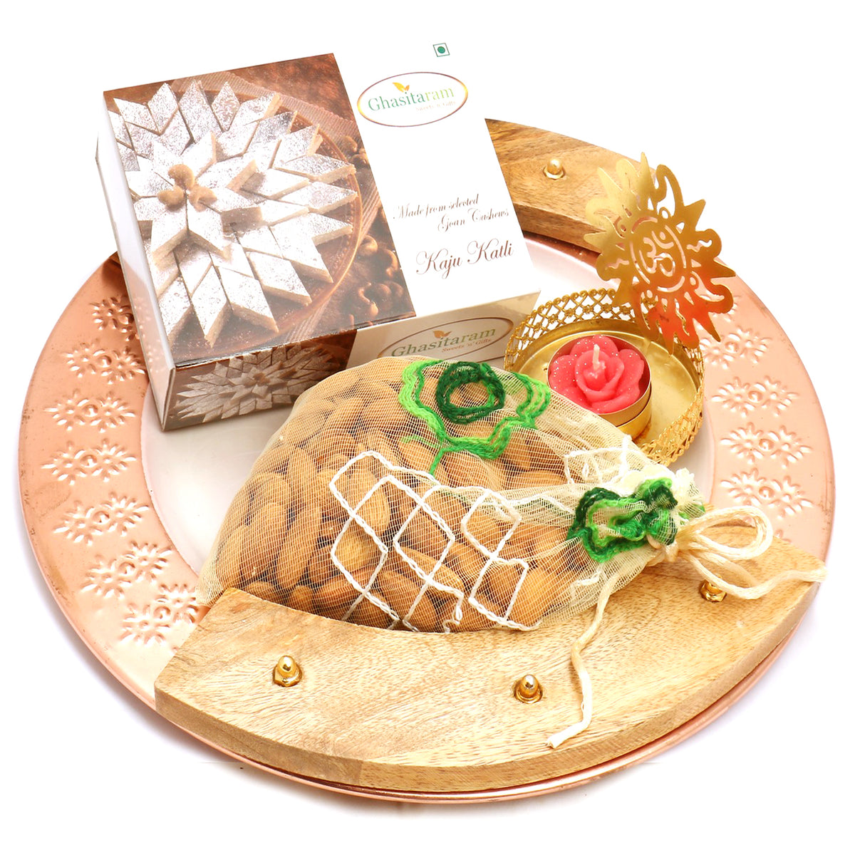 Wooden copper Platter with kaju Katli , almonds Pouch and Om T- Lite