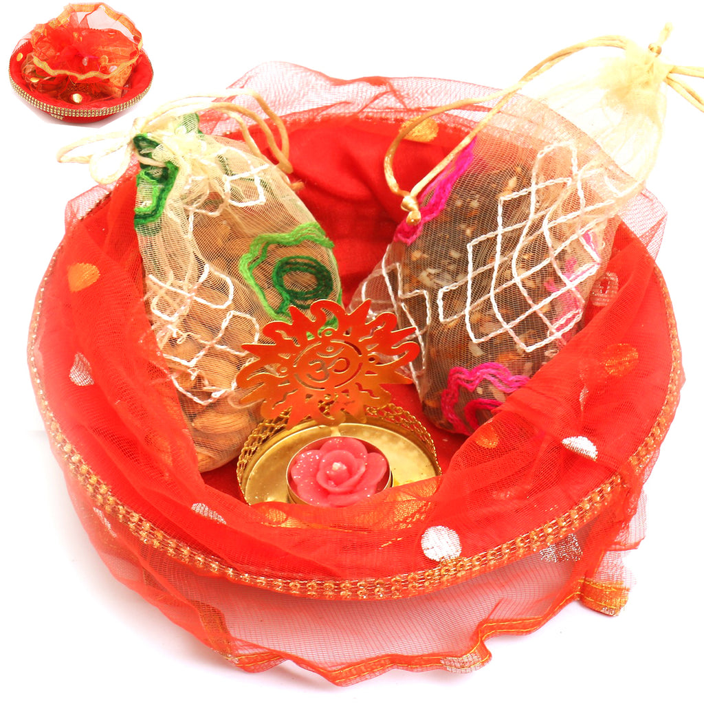 healthy hampers Red Potli Basket with Sugarfree Mix and Almonds Pouch and Om T- lite
