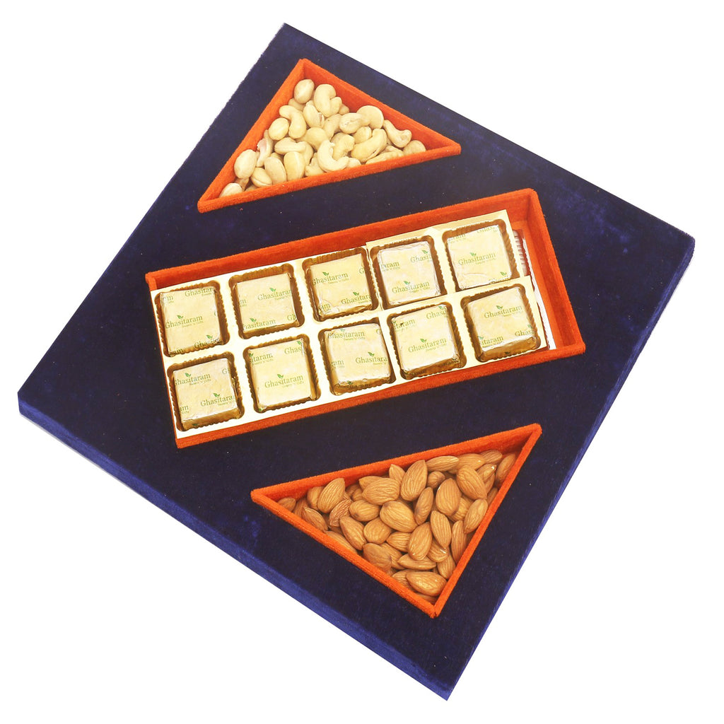 Blue Velvet Tray of Mewa Bites, Almonds and Cashew Pouches