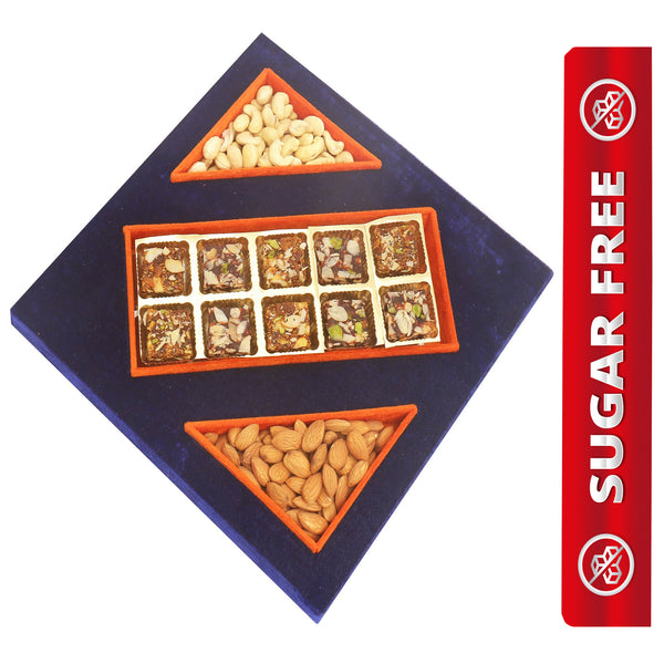 Blue Velvet Tray of Sugarfree Bites, Almonds and Cashew Pouches