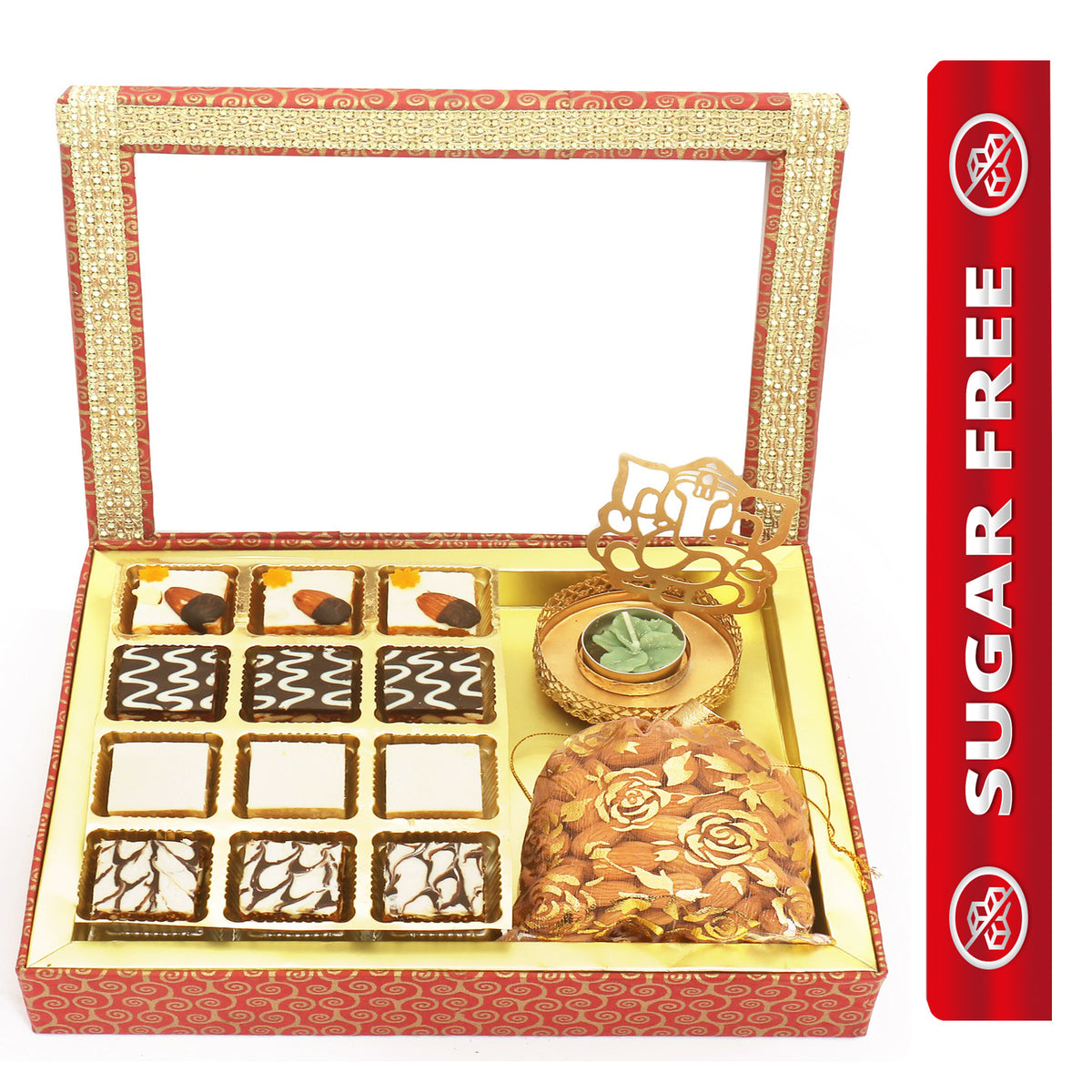12 pcs Assorted Choco Dryfruit Bites,  Shadow Ganesha T-Lite and Almonds Pouch Hamper Box