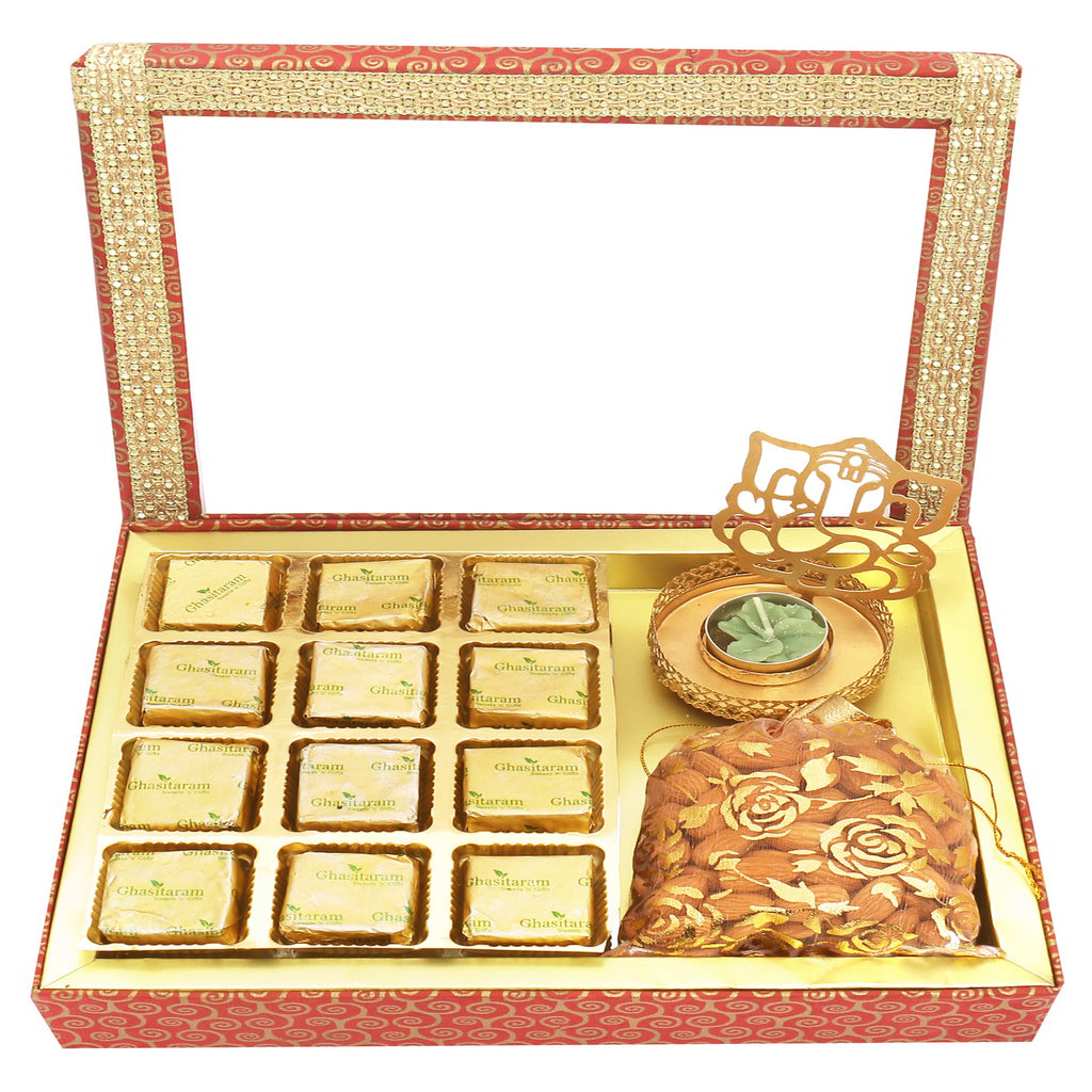 12 pcs Mewa Bites, Shadow Ganesha T-Lite and Almonds Pouch Hamper Box