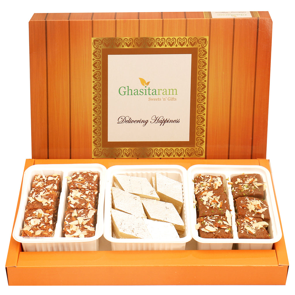 Assorted Box of Kaju Katli, Dodha Barfi and Chocolate Mawa Barfi
