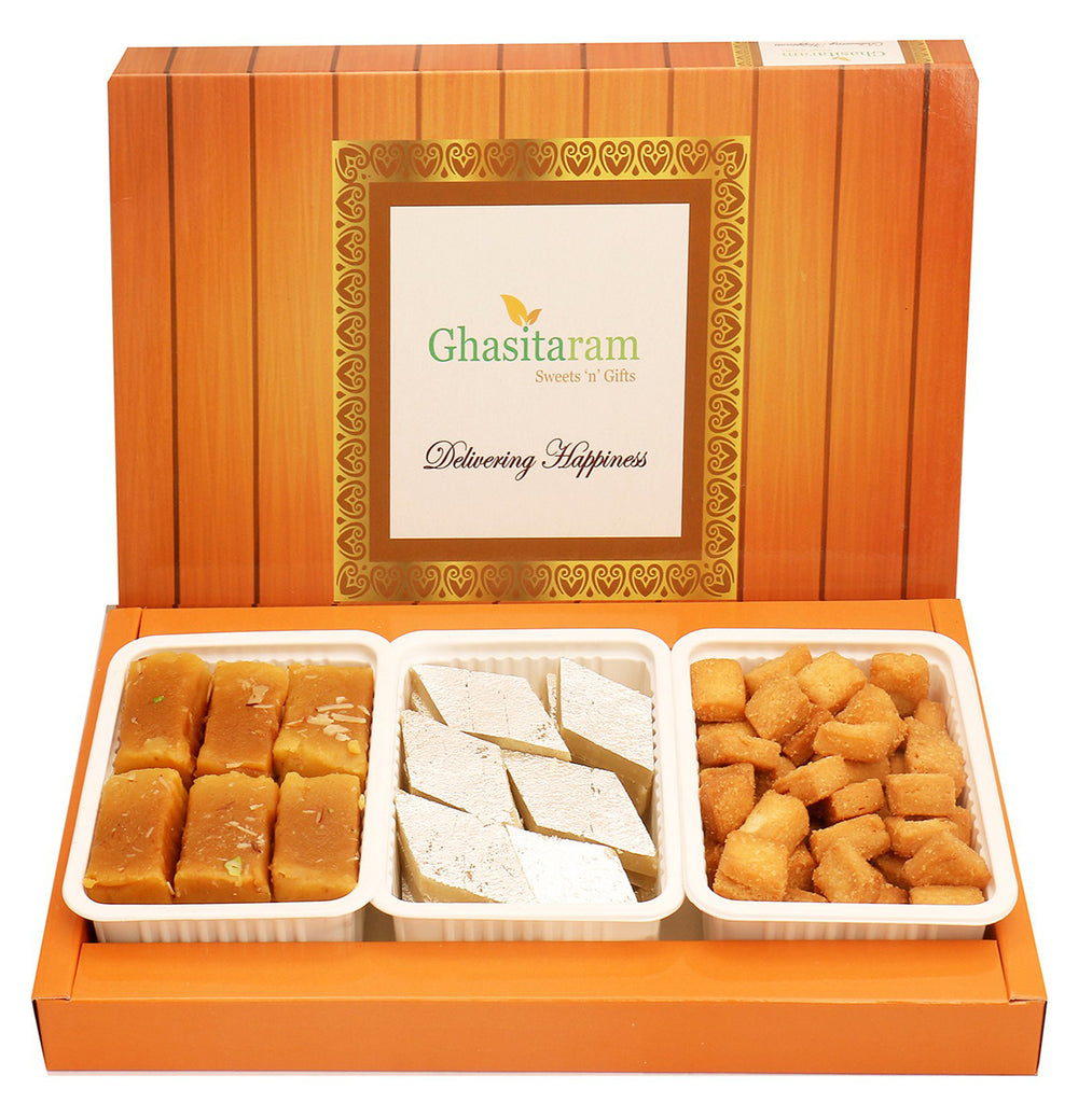Assorted Box of Kaju Katli, Soft Mysore Pak and Shakar Pada