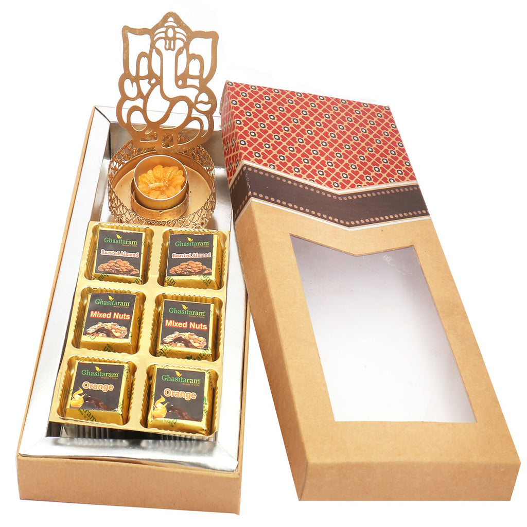 6 pcs Assorted Chocolates and Shadow Ganesha T-Lite Kraft Box