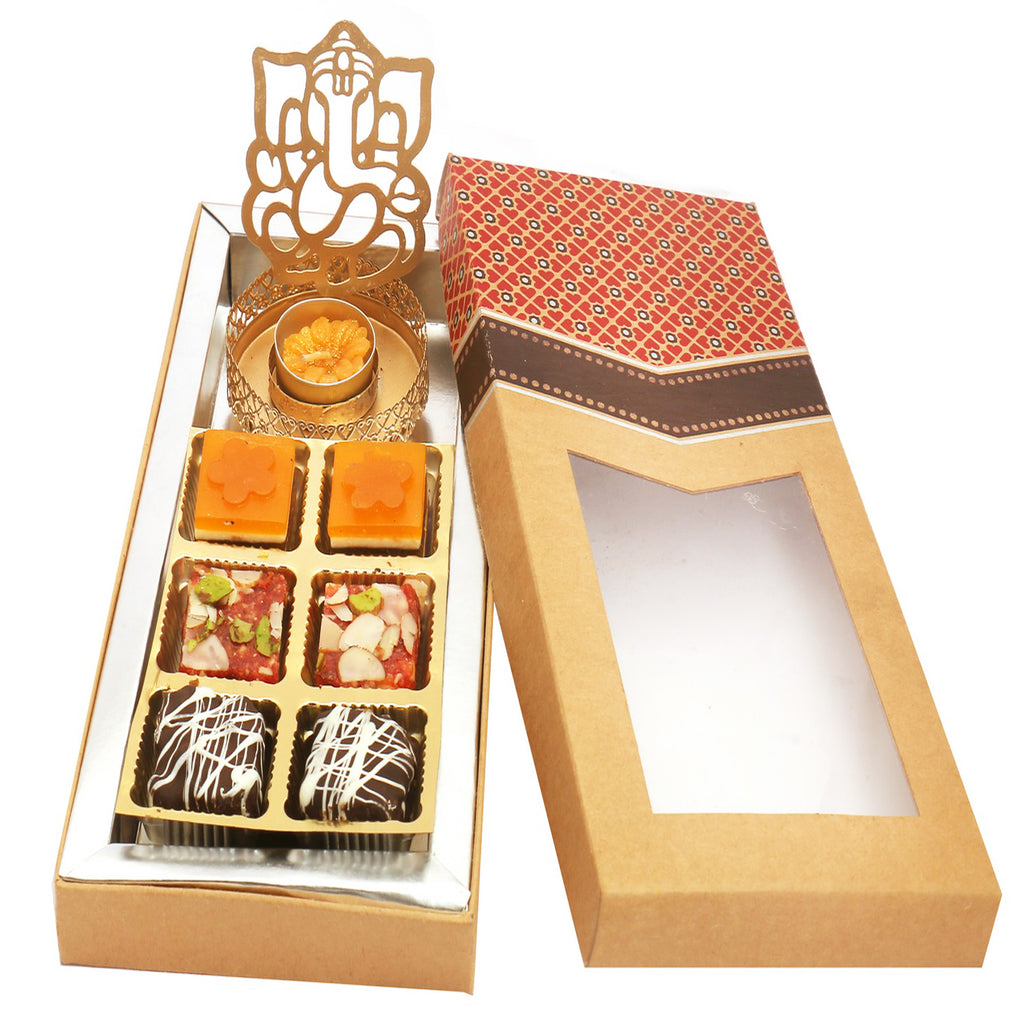 6 pcs Ghasitaram Special Bites and Shadow Ganesha T-Lite Kraft Box