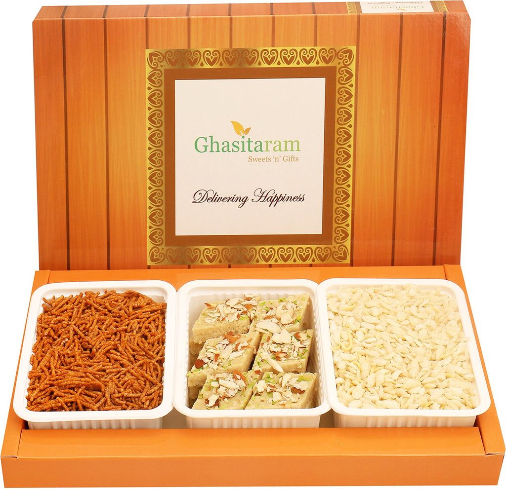 Assorted box of Sugarfree Kaju Katli, Diet Chiwda and Soya Sev