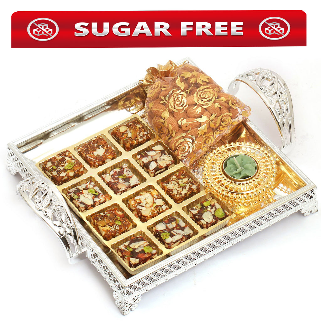 Silver Tray with Sugarfree Bites, Almonds  and Golden T-lite