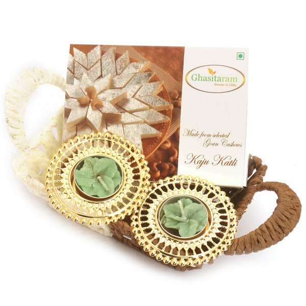 Small Metal Brown Basket Of Kaju Katli and T-Lite 