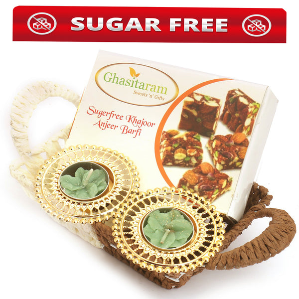Small Metal Brown Basket Of Sugarfree Bites and T-Lite 
