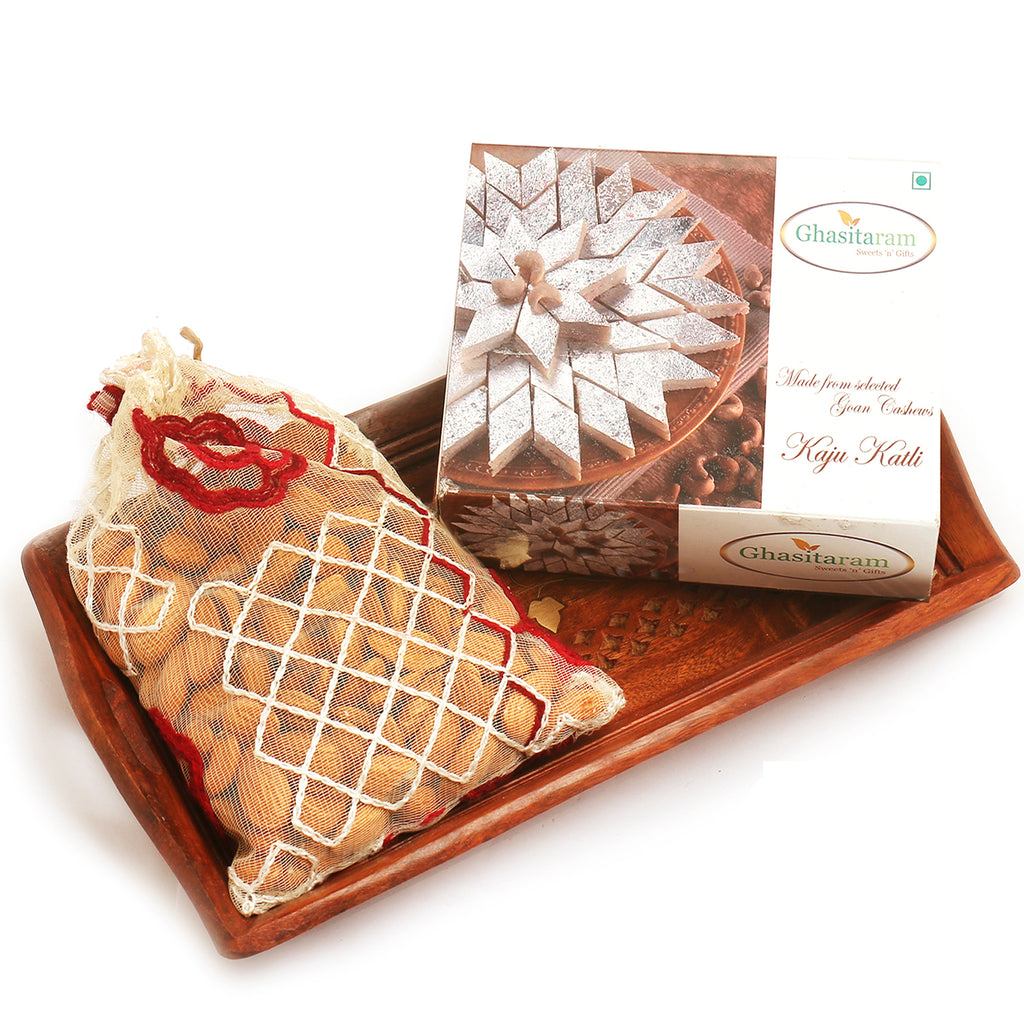 Small Wooden Serving Tray with Kaju Katli and Almonds