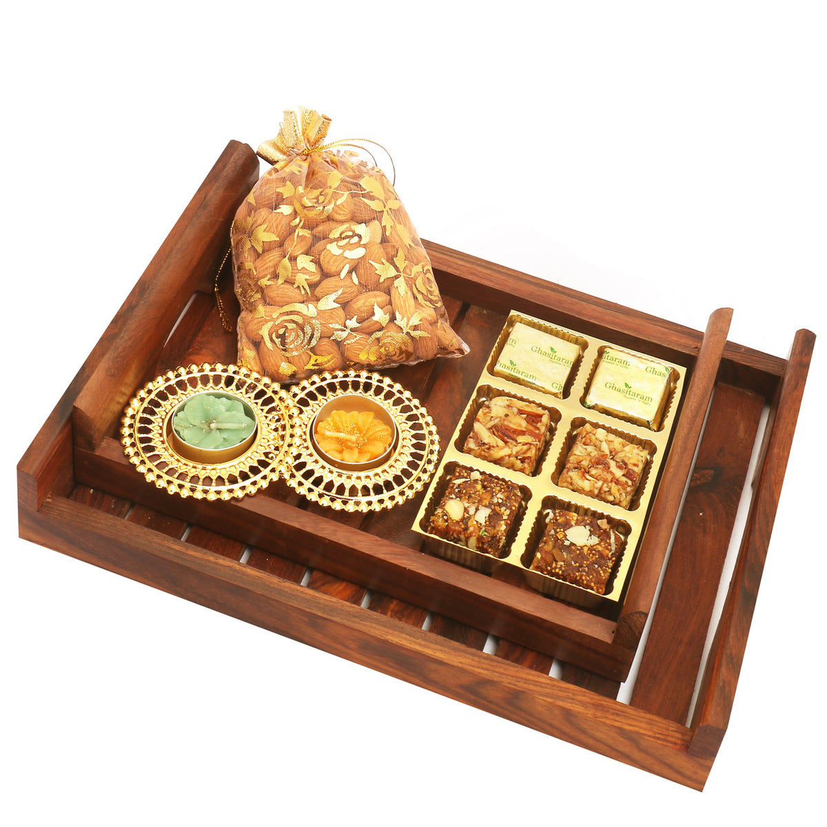 Set of 2 Striped Wooden Tray with Assorted Bites, Almonds and 2 T-lites