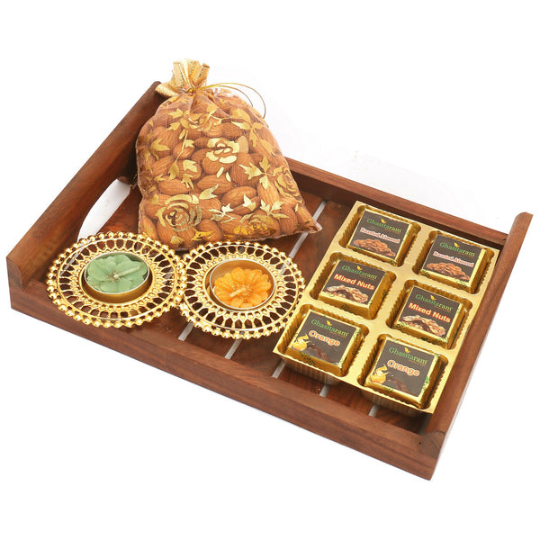 Striped Wooden Tray with Assorted Chocolates, Almonds and 2 T-lites