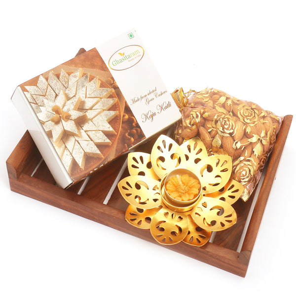 Striped Wooden Tray with Kaju Katli, Almonds and T-lite