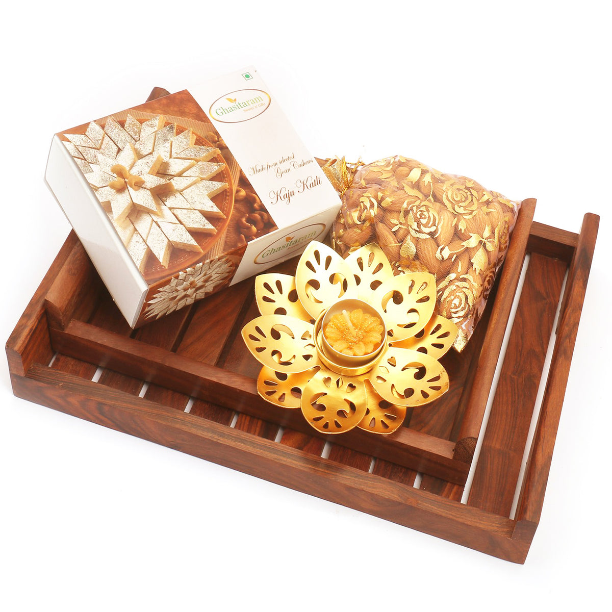 Set of 2  Striped Wooden Tray with Kaju Katli, Almonds and T-lite