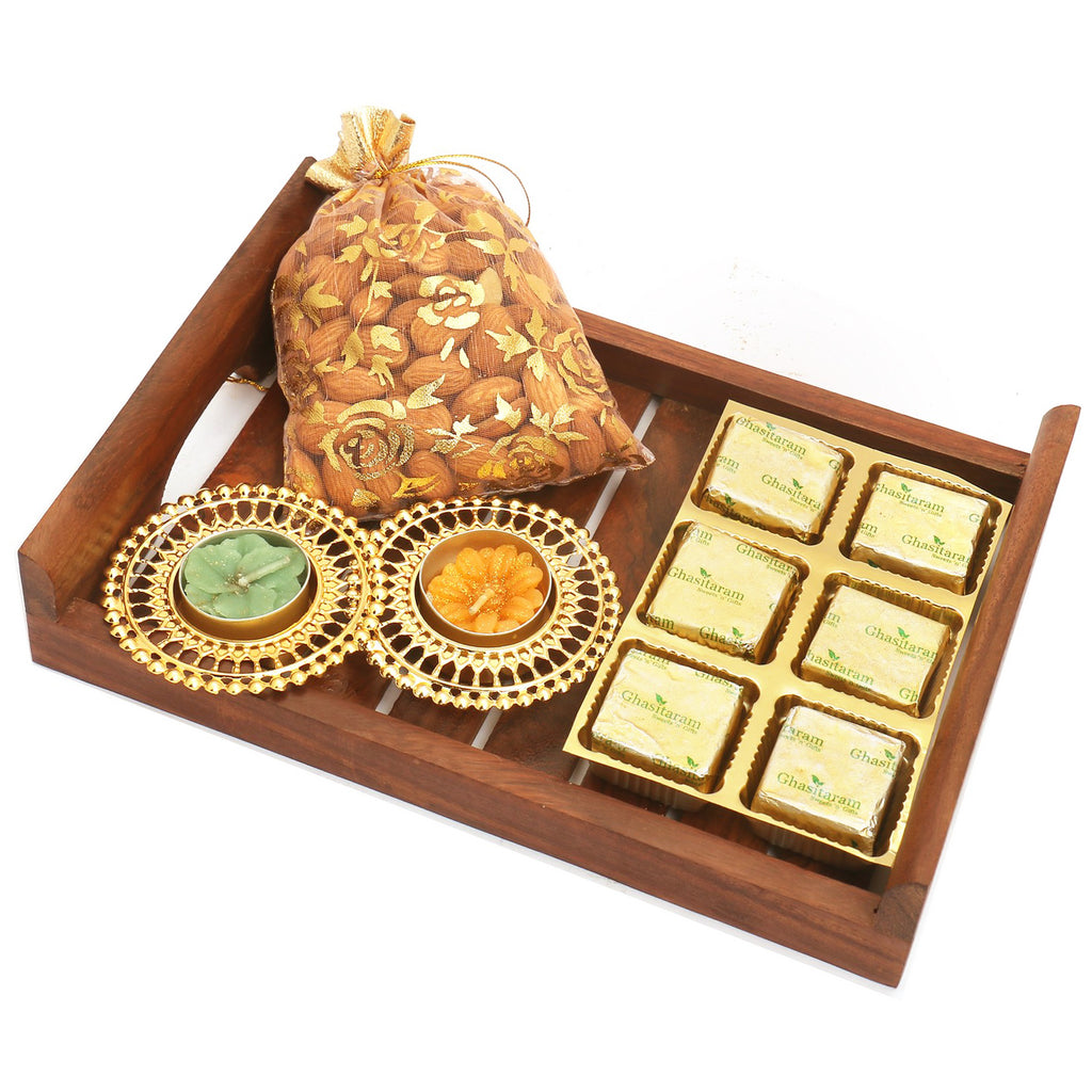 Striped Wooden Tray with Mewa Bites, Almonds and 2 T-lites