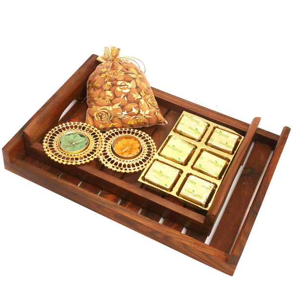 Set of 2 Striped Wooden Tray with Mewa Bites, Almonds and 2 T-lites