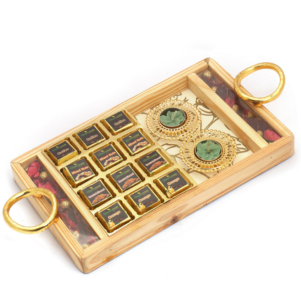 Wooden Rose Tray with Assorted Chocolates, Almonds  and Golden T-lite