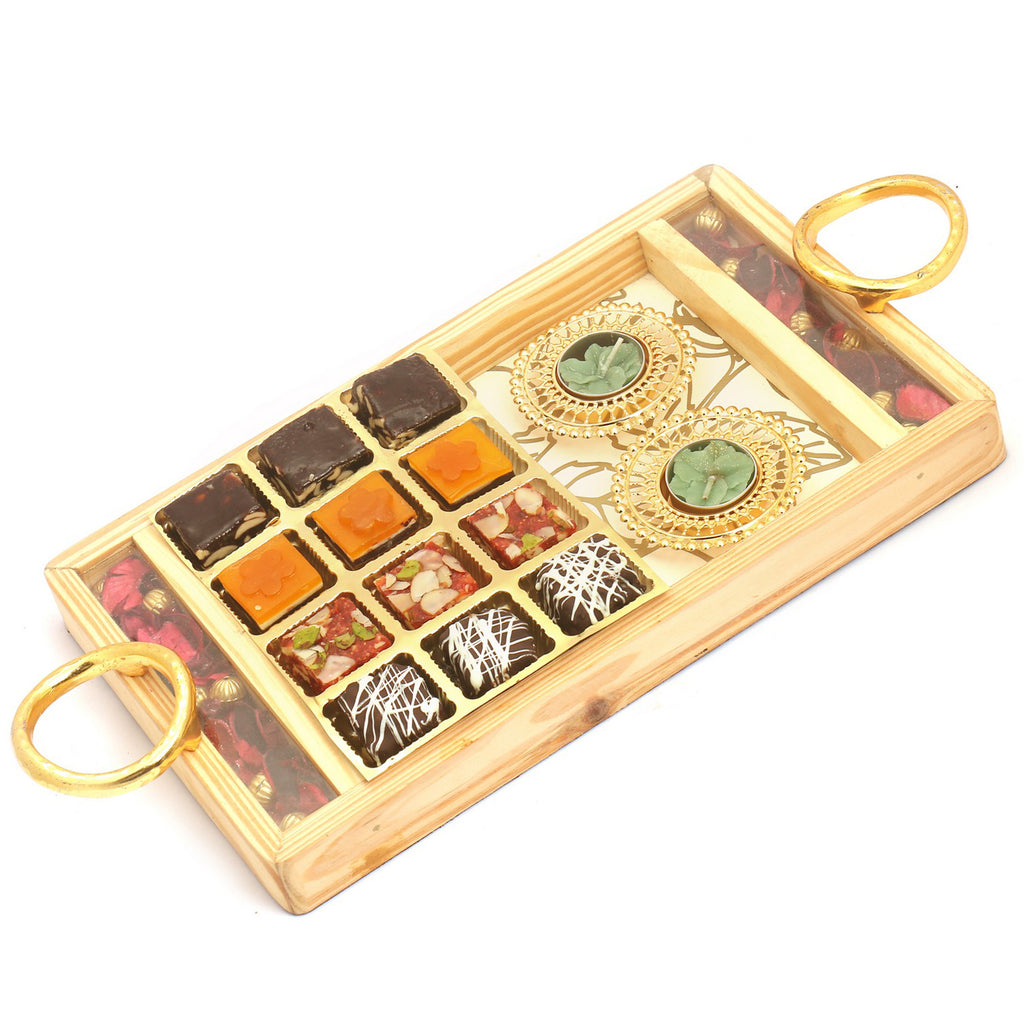 Wooden Rose Tray with Ghasitaram Special Bites, Almonds  and Golden T-lite