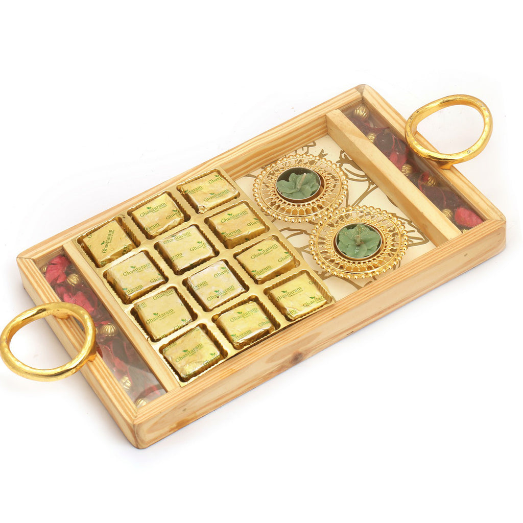 Wooden Rose Tray with Mewa Bites, Almonds  and Golden T-lite