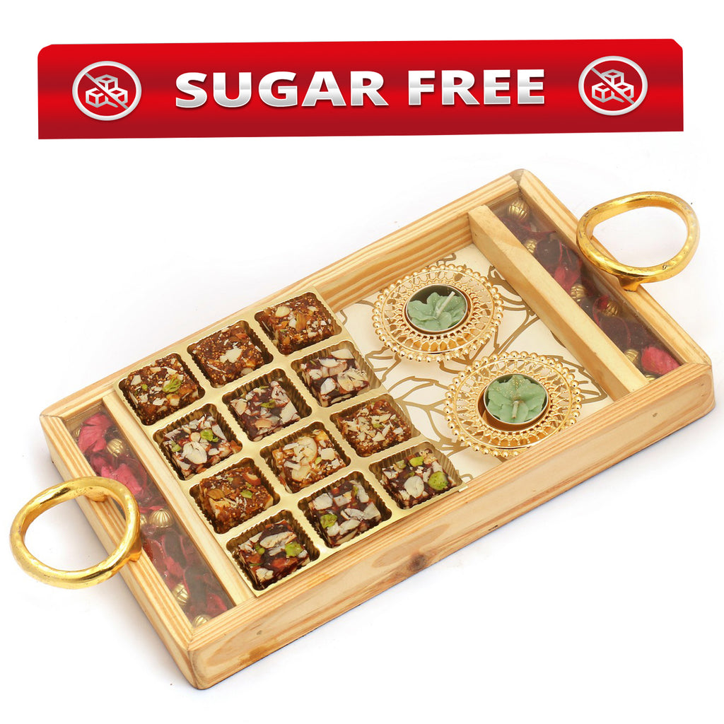 Wooden Rose Tray with Sugarfree Bites, Almonds  and Golden T-lite