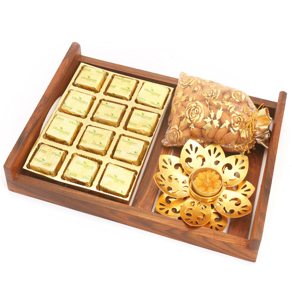 Wooden 12 pcs Mewa Bites Serving Tray with T-lite and Almonds Pouch
