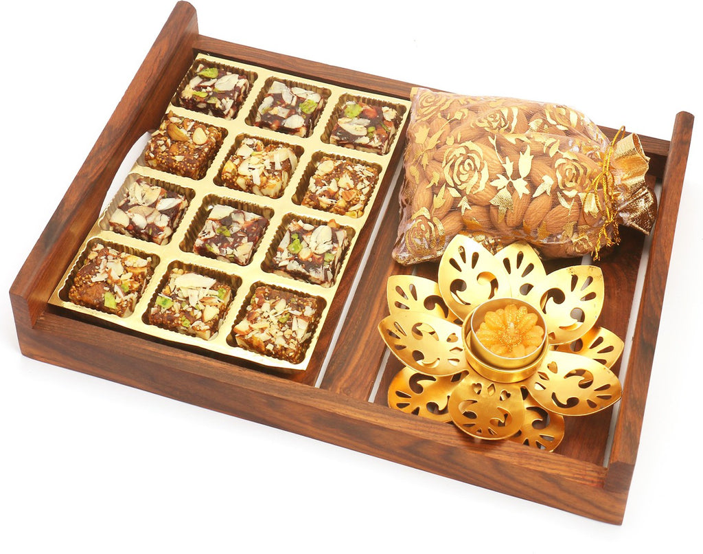 Wooden 12 pcs Sugarfree Bites Serving Tray with T-lite and Almonds Pouch