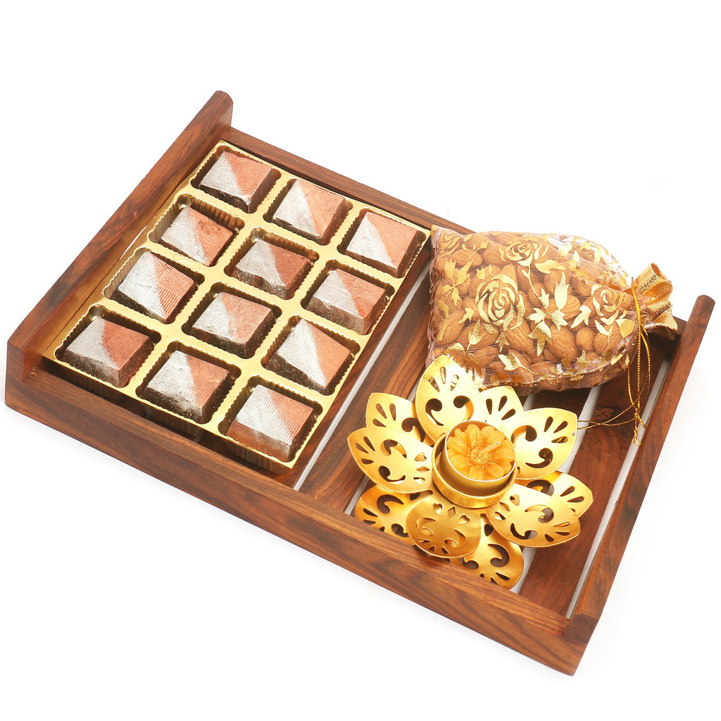 Wooden 12 pcs Sheen Chocolates Serving Tray with T-lite and Almonds Pouch