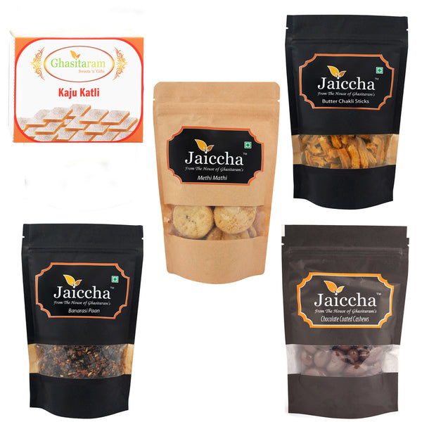 Best of 5 Kaju Katlis, Butter Chakli Sticks, Methi Mathi, Banarsi Paan and Chocolate Coated Almonds