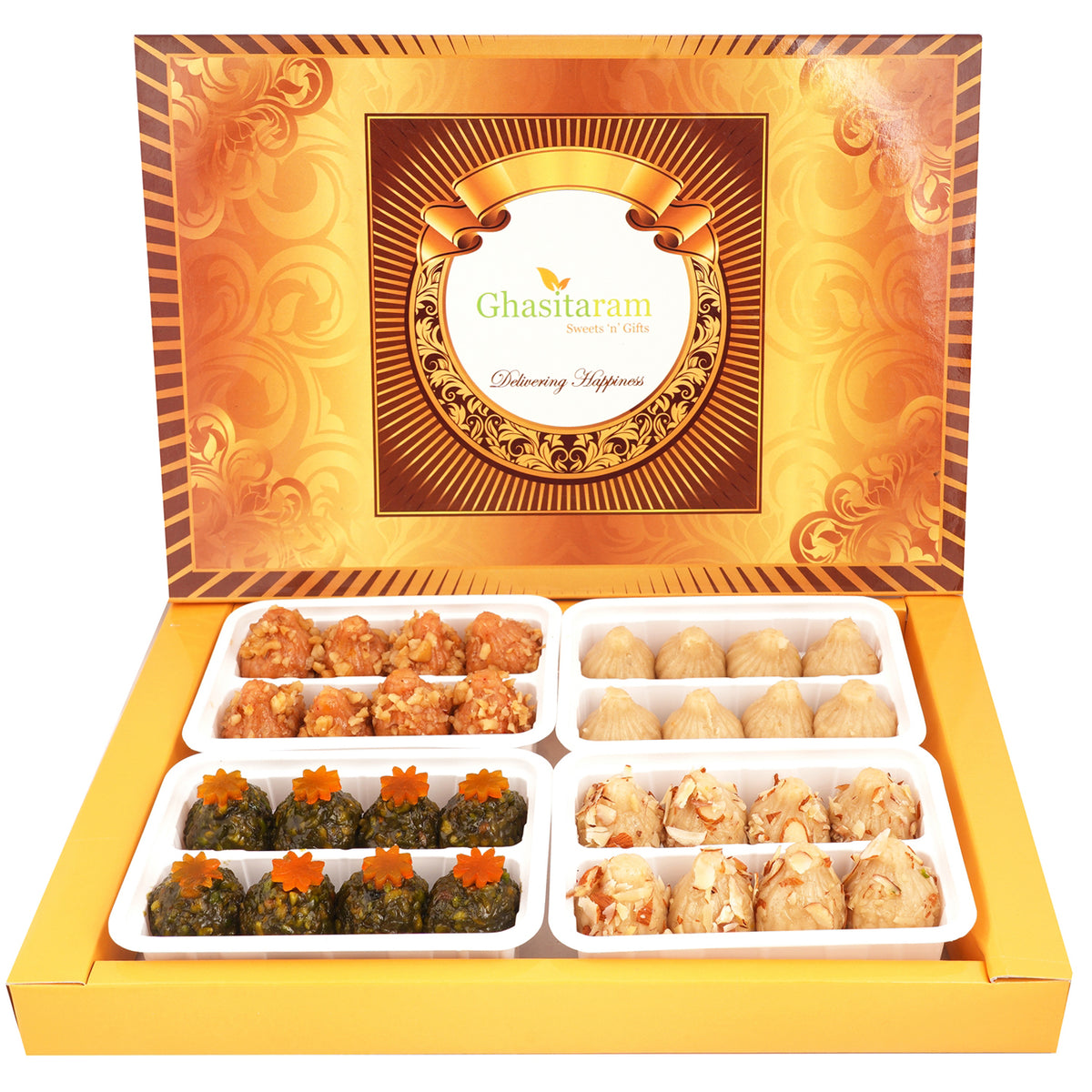 Pure Kaju Badam Pista Walnut Modaks in brown box
