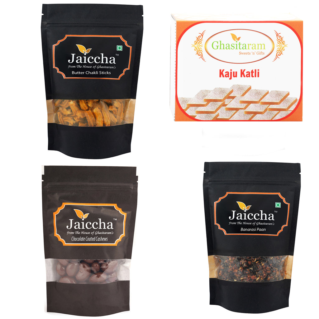 Best of 4 Kaju Katli, Butter Chakli Sticks, Banarsi Paan and Chocolate Coated Almonds