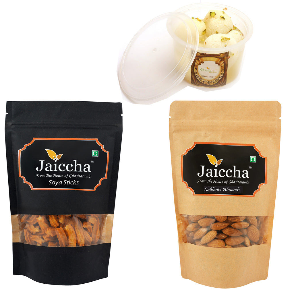 Best of 3 Rasgulla Pack, Soya Sticks Pouch and Almonds Pouch