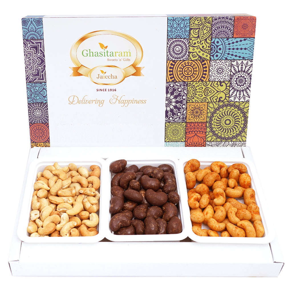 Assorted Festive Box of Cashews, Chocolate Coated Cashews, Crunchy Cashews and Roasted Cashews