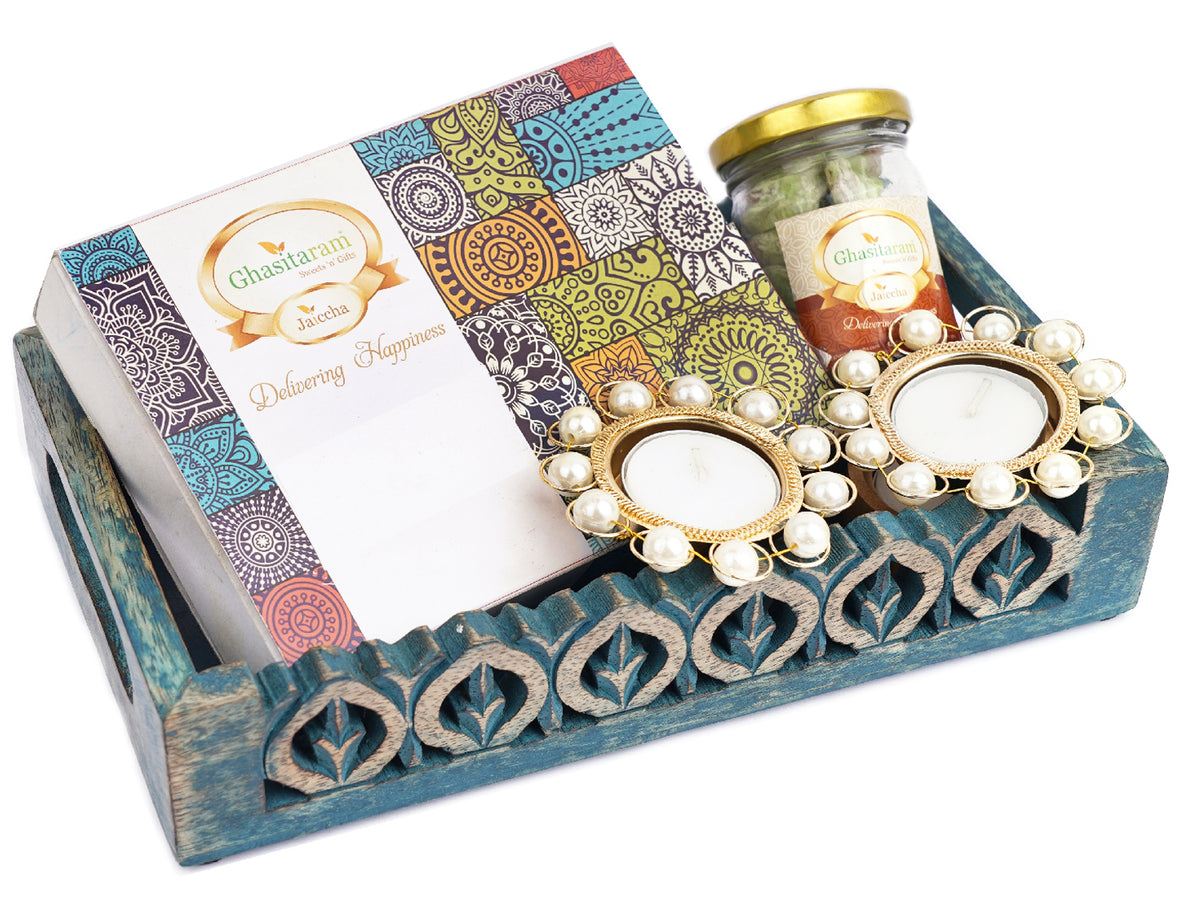 Blue Wooden Serving Tray with 6 Assorted Bites, Paan Raisins and Crunchy Coated Cashews
