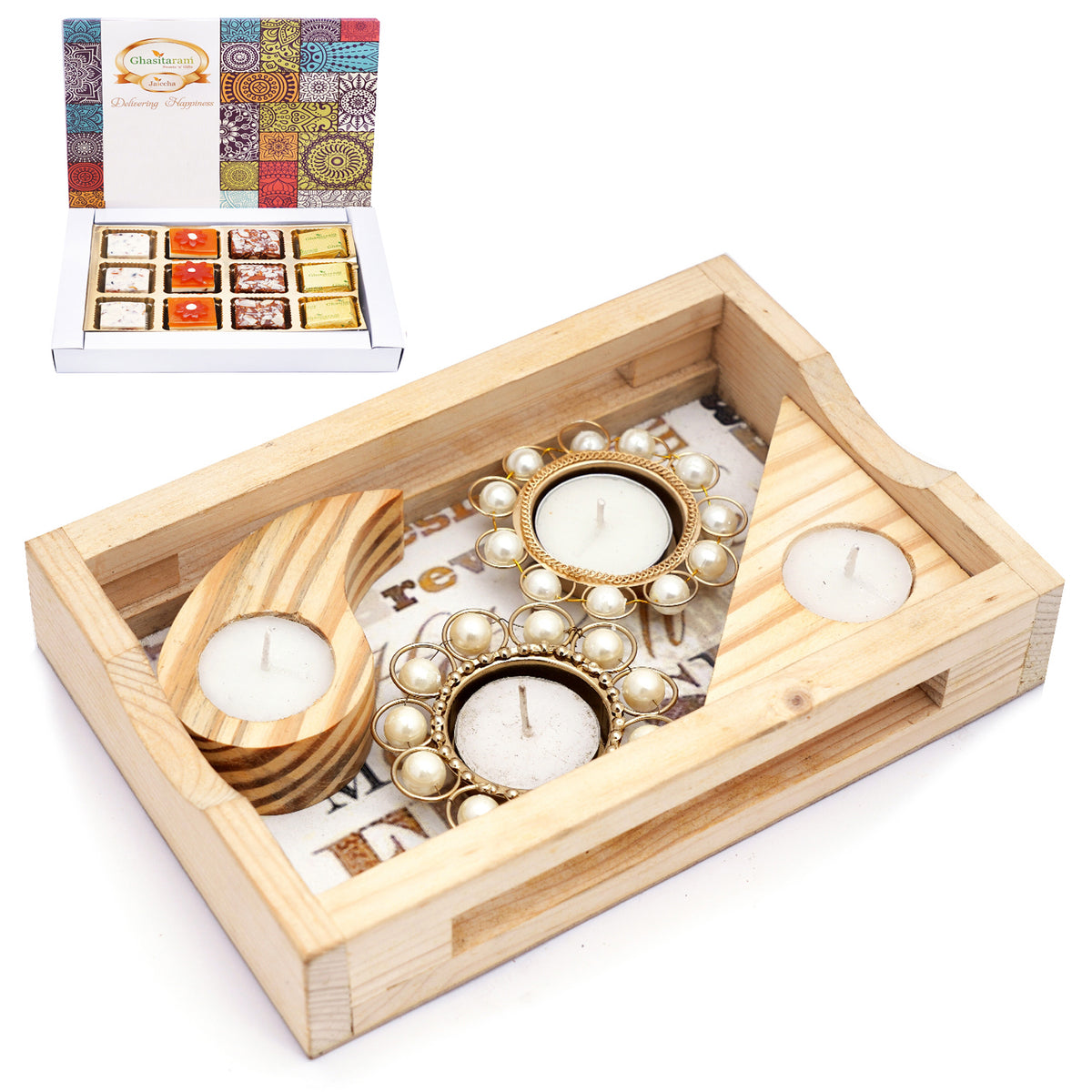 Natural Wood Tray with Kaju Katli Box and Triangle T-Lite