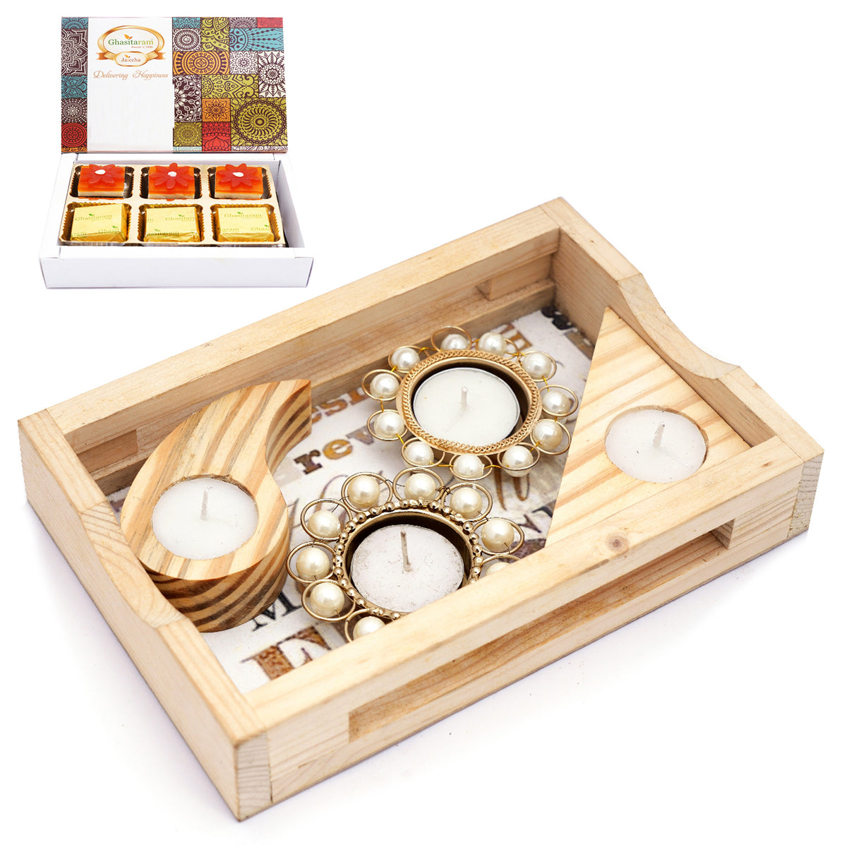 Natural Wood Tray with Kaju Katli Box and Triangle T-Lite