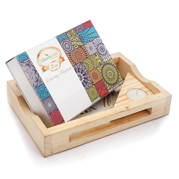 Natural Wood Tray with Kaju Katli Box and Triangle T-Lite