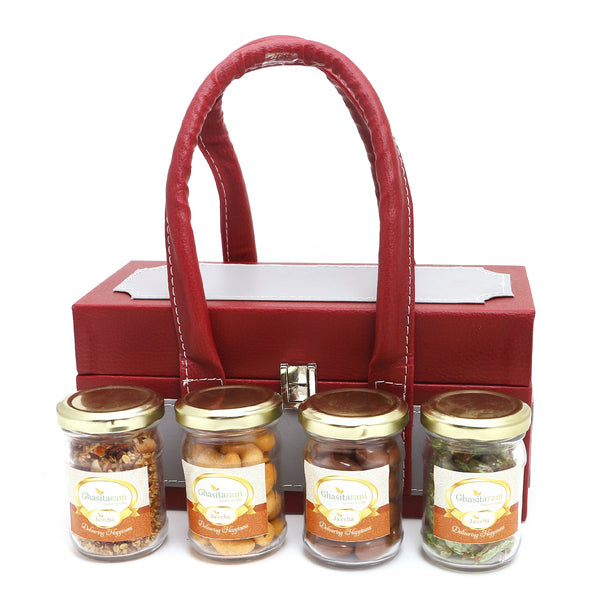 Diwali Gifts-Apex Wooden Box Of Chocolate Almonds, Crunchy Cashews,Paan Raisins and Mukhwas Jars