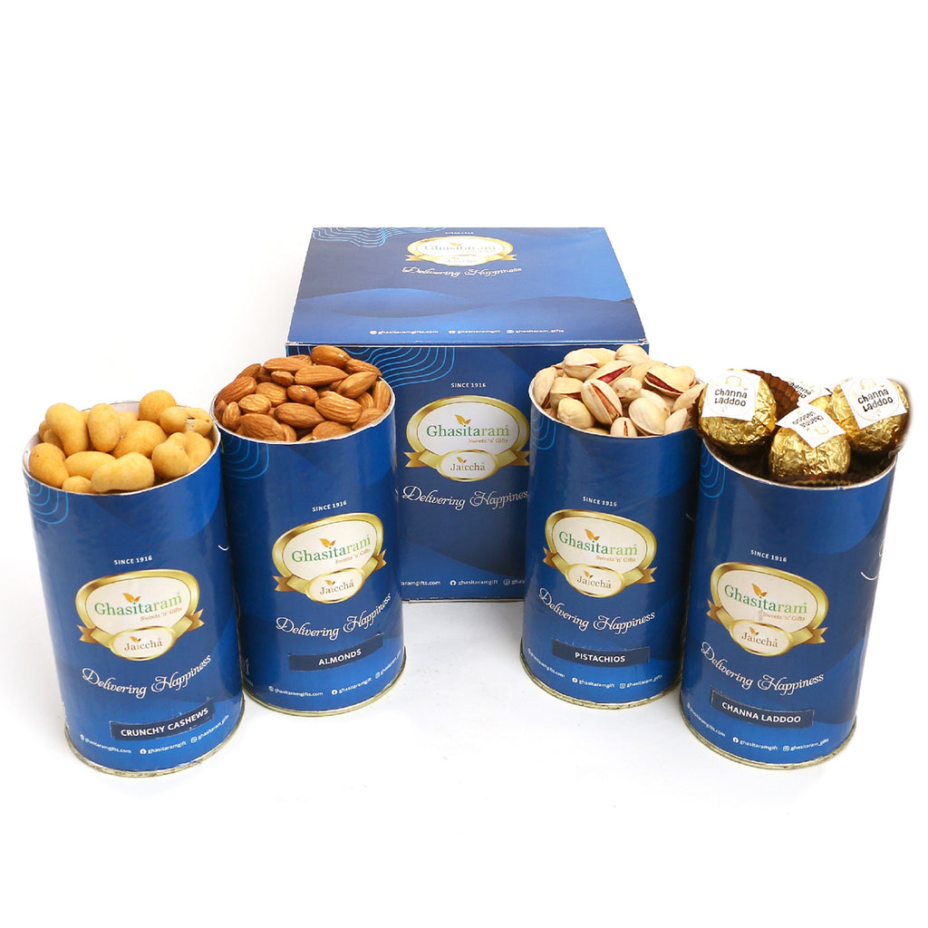 Crunchy Cashews, Almonds, Pistachios, Channa Laddoo Cans