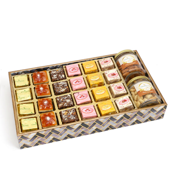 Diwali Gifts-Big Printed Tray of Assorted Bites, Roasted Cashews and Almonds Jars