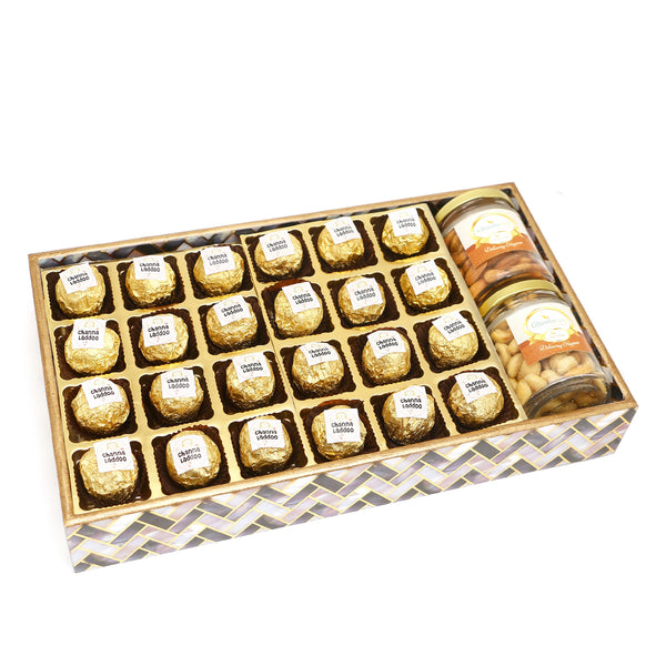 Big Printed Tray of Channa Laddoos, Roasted Cashews and Almonds Jars
