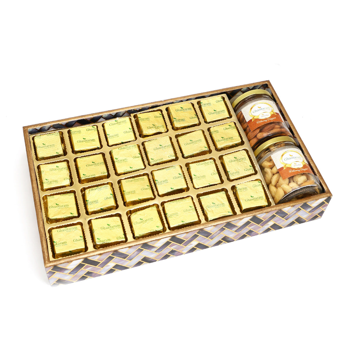 Diwali Gifts-Big Printed Tray of Mewa Bites, Roasted Cashews and Almonds Jars