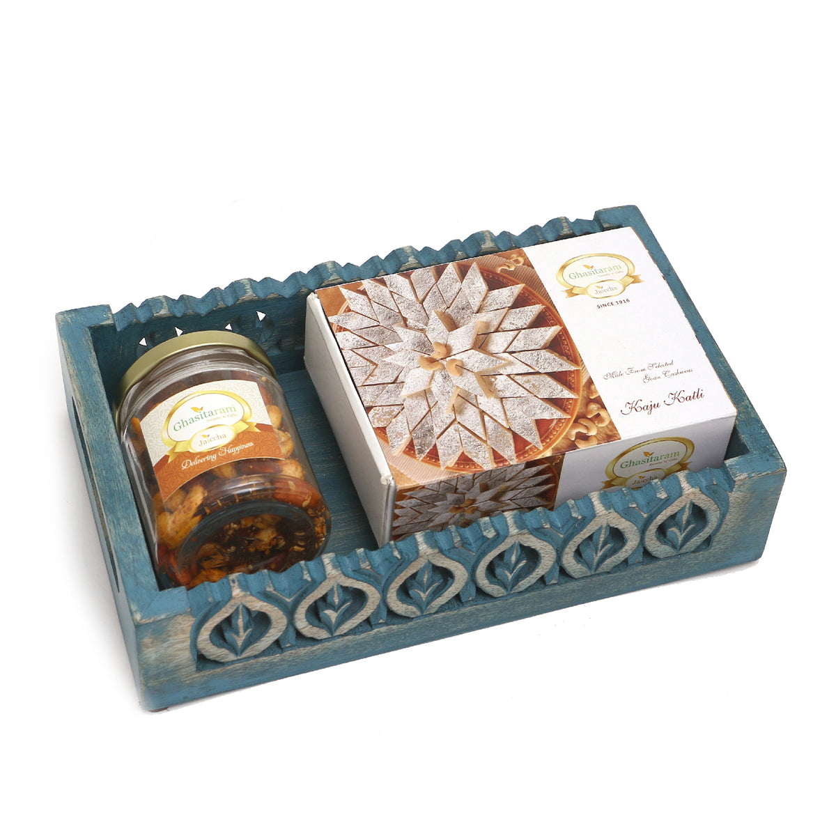 Blue wooden Tray with Kaju Katlis and Mix Dryfruits Jar