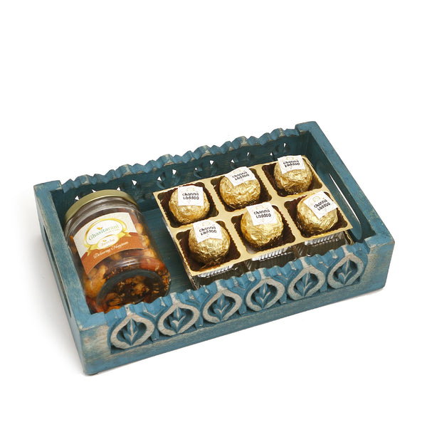 Blue wooden Tray with Channa Laddoos and Mix Dryfruits Jar